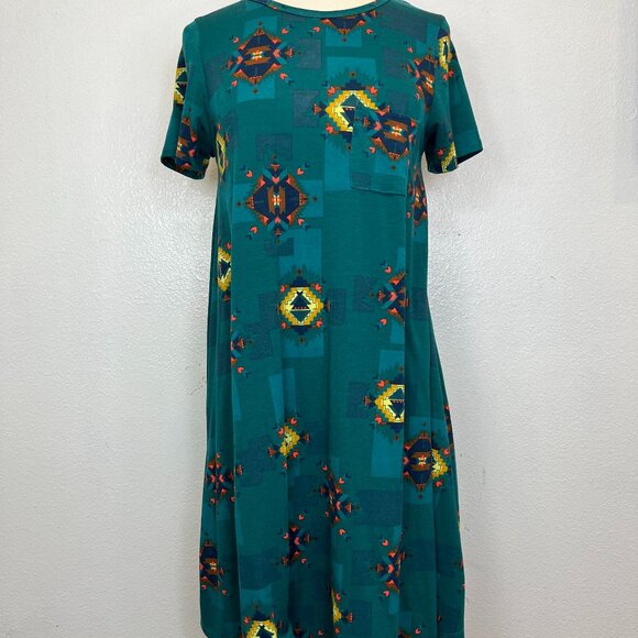 LuLaRoe Carly Green Multicolor Aztec Print Hi-Lo Hem Front Pocket Dress Sz S - Picture 1 of 7